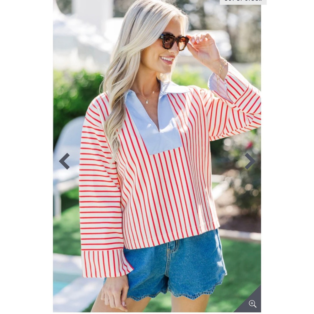 Entro Anthropologie blouse Top‎ Small Red White Blue Preppy Coastal V-Neck